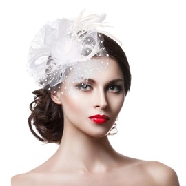 Bumlofa White Fascinator Hats Pillbox Hat with Flower and Lace for Women Elegant Headband Hairband Ideal for Weddings Tea Parties, White