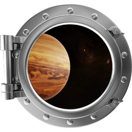 24" PortScape Wall Decal Space Silver Porthole Jupiter & Moons #2 3D Window Removable Wall Sticker Peel & Stick Planets NASA Instant View Wall Art for Boys Bedroom Decor