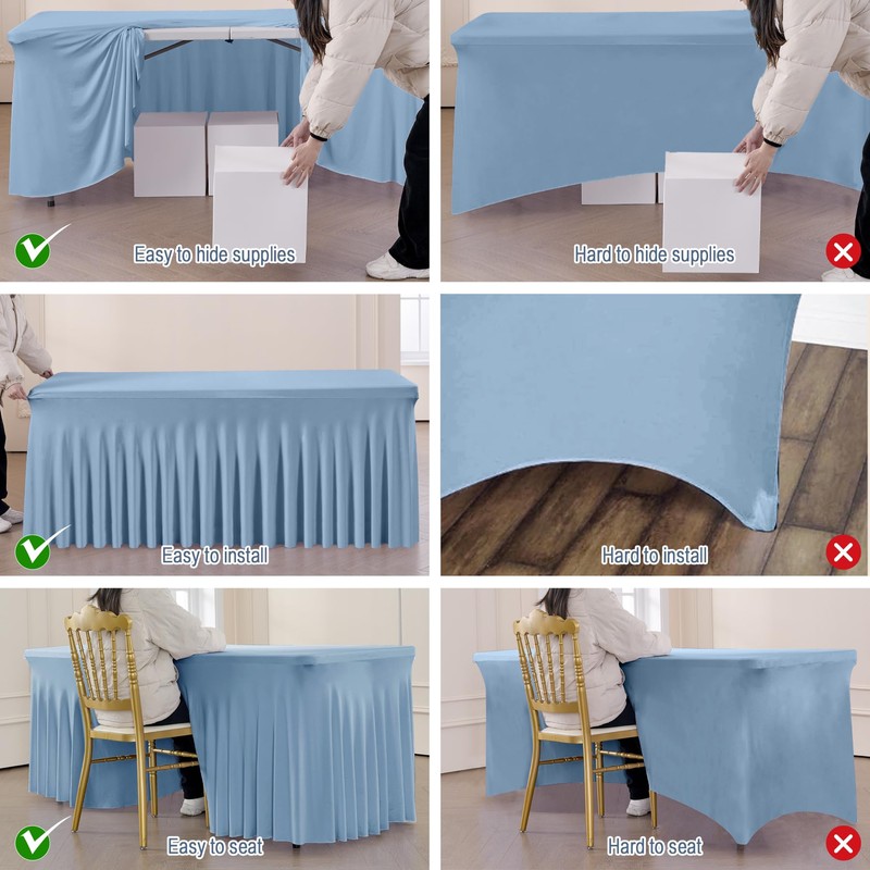 2 Pack Dusty Blue Spandex Fitted Tablecloths for 6 Foot