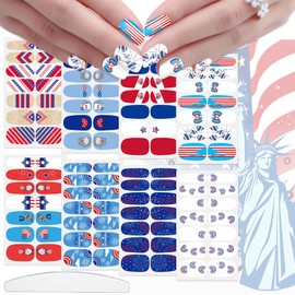 JERCLITY 8 Sheets 4th of July Nail Wraps for Women Independence Day Nail Polish Strips Patriotic American Flag Nail Strips Self-Adhesive Nail Stickers with Nail File for Memorial Day（4th of July-C）