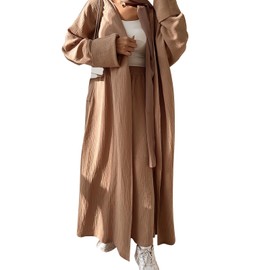 Muslim Dress For Woman Abaya Dress Casual Ramadan Eid Outfits Open Front Cardigan Robe Turkey Dubai Kaftan Dresses + Loose Pants Middle East Modest Islamic Outfits Outwear Khaki Cardigan + Pants M
