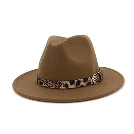 Womens Felt Panama Hat Classic Wide Brim Fedora Hat Cap with Leopard Belt Buckle (Khaki)