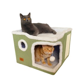 Heerduos Cat Bed for Indoor Cats,Covered Cat Cave House & Furniture with Scratch Pad,Foldable Cat Hideaway Hut Cute Cat Condo with Soft Washable Mat for Multi Small Pet Under 30 lbs,Green