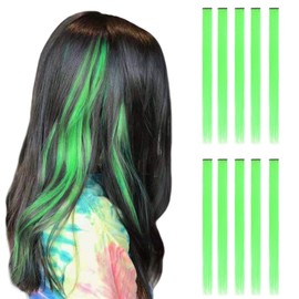 BUYOGET Coloured Hair Extensions Clip in 10 pcs Straight Synthetic Hairpieces Highlights 21 Inch Light Green Clip on Hair Extension for Women Girls Christmas Party
