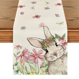 Artoid Mode Flowers Leaves Rabbit Butterflies Easter Table Runner, Seasonal Spring Kitchen Dining Table Decoration for Home Party Decor 40x180 cm