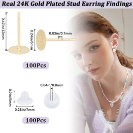 Beebeecraft 1 Box 100Pcs Flat Round Stud Earring Findings 24K Gold Plated Stainless Steel 6mm Blank Stud Earring Bezel Post for DIY Stud Earrings Jewelry Making