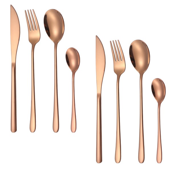 OISHIA Cutlery Set, Knife, Fork and Spoon Set, 8 Pieces, For 2 People, 18-8 Stainless Steel, Stylish, Seamless One-Piece, Long Handle, Daily Use, Dishwasher Safe, Pink Gold