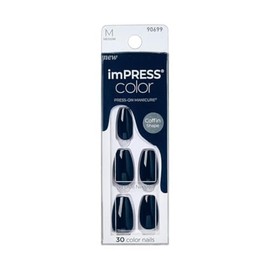 KISS imPRESS Color No Glue Mani 30 Pcs Press On Nails, Navy, Dark Blue, Medium Size, Coffin Shape, Simple Peel & Press Easy Apply, Hassel-Free Removal, Essential Tools Included