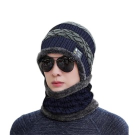 Winter Warm Elastic Soft Ear Protection Knitted Scarf hat Fleece Lined with Face Cover Hats Windproof Warm Beanie Hat (h-Navy)