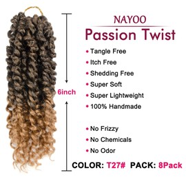 Passion Twist Hair - 8 Packs 6 Inch Passion Twist Crochet Hair For Women, Crochet Pretwisted Curly Hair Passion Twists Synthetic Braiding Hair Extensions(6 Inch 8 Packs, T27)
