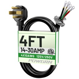 POWGRN 30 Amp 4 Prong Dryer Cord 4 FT Black, 10/4 Gauge Appliance Dryer Power Cord NEMA 14-30P to 4-Wire, Pure Copper Wire, ETL Listed