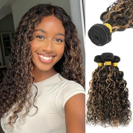 ALHER Blonde Highlight Human Hair Bundles Water Wave 300g 3pcs 20/22/24 Inch, Soft Thick #F1B/27 Ombre Wet n Wavy Curly Bundles 100% Unprocessed Remy Hair Black with Blonde Colored Sew In Double Weft