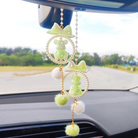 Cute Bear Rear View Mirror Accessories, Pom Pom Car Accessories for Women, Car Mirror Hanging Accessories Car Hanging Ornament Car Decor