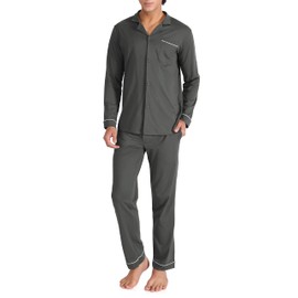 DAVID ARCHY Men's Long Soft Cotton Pyjamas with Pockets and Drawstring Men's Pyjamas Long with V-Neck Two Pieces, darkgray, XXL