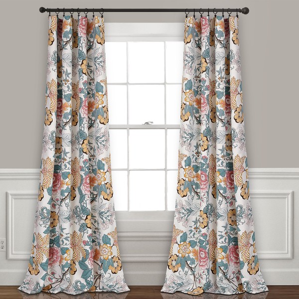 Lush Decor Sydney Curtains | Floral Garden Room Darkening Window Set for Living, Dining, Bedroom x 52”, Blue and Yellow, 84" L Panel Pair, Blue & Yellow