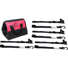 PowerSports Tie-Downs, 4-Pack, Soft Loop and Ratchet Strap in one Tie-Down, 1.5 Inch X 8.5 Feet, HD S-Hooks, Comfort Grip on Ratchet, Storage Bag, Perfect for ATV's, UTV, and Motorcycles - Black