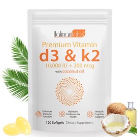 120 Count Vitamin D3 K2 Supplement Softgel, 2 in 1 Vitamins D & K Complex, Vitamin D3 K2 10000 IU Coconut Oil Supplement Softgel, Immune, Heart Health Support