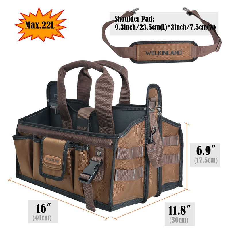 WELKINLAND 20-Pockets Tool Tote Bag, 16" Electrician Tool Bag, Open-Top