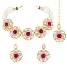 Aheli Gold Plated Rani Pink Kundan Beads and Synthetic Stone Studded Necklace Earrings & Maangtikka Set Ethnic Fashion Jewellery Gift for Women