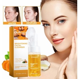 1 paquete de limpiador facial de cúrcuma y ácido kójico con cepillo de silicona, limpiador para corregir manchas oscuras, con agua de rosas para calmar y ácido hialurónico para hidratar, 3.38 fl oz