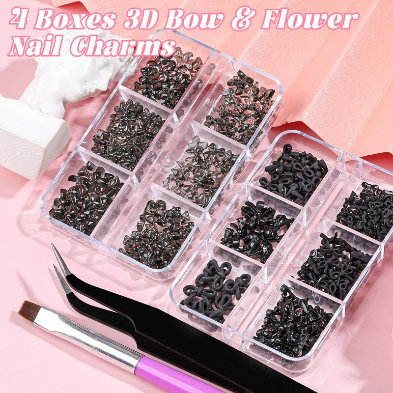 2 Boxes 3D Bow Nail Charms, Black Mini Bow Charms