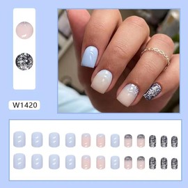 Short Press on Nails Glossy Blue Fake Nails Square Silvery Glitter Sequin Design Full Cover Gradient False Nails Glossy Glue on Nails Artificial Nail for Women Manicure
