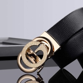 VANNANBA Cinturones de cuero con trinquete para hombre, hebilla automática con caja de regalo, ajuste para adaptarse, Oro, 39''-42'' Waist Adjustable