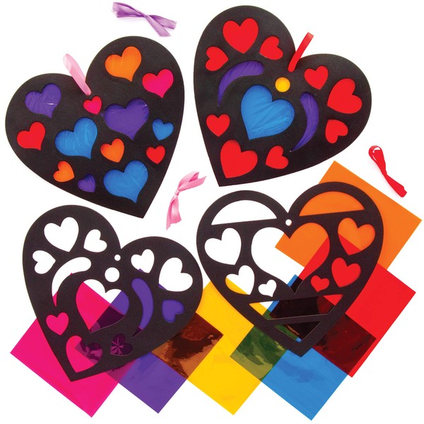 Baker Ross AT551 Heart Stained Glass Effect Decoration Kits - Pack of 6, Creative Valentine's Day Art and Craft Supplies for Kids to Make and Decorate