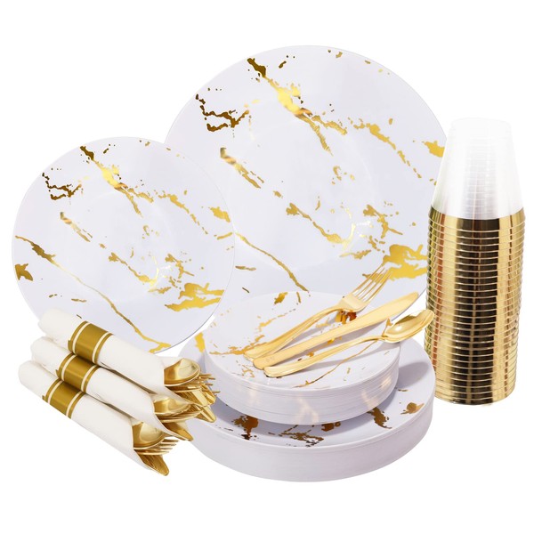 bUCLA 30Guests gold plastic plates - White And Gold Plastic Plates With Plastic Prewrapped Silverware And Gold Cups- Marble Design Disposable Plastic Dinnerware-Ideal For Thanksgiving Party