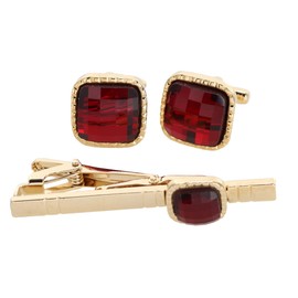 Vittorio Vico Square Colored Crystal Cufflinks & Tie Bar Set Red/Gold (CS 055G)