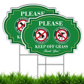 2 Pack Keep Off Grass Sign with Metal H-Stake, 14"X10" Dog Signs No Pooping and Peeing, be respectful to your lawn yard, Double Sided, Corrugated Plastic, Waterproof, Outdoor Use