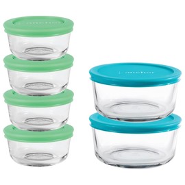 Anchor Hocking 12 recipientes de almacenamiento de vidrio con tapas (6 recipientes de vidrio para almacenamiento de alimentos y 6 tapas azules mixtas 