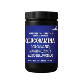 IsaaQuim Glucosamina con Colágeno, Citrato de Magnesio, Zinc y Ácido Hialurónico | 200 Cápsulas de 600 mg | Por Porción: 250 mg Glucosamina, 33 mg Ácido Hialurónico, 20 mg Magnesio, 5 mg Zinc