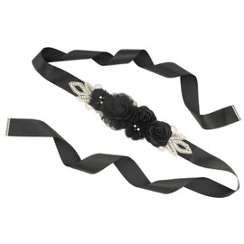 Huralona Sash Belt 106 Inch Satin Ribbon with Handmade Flowers Pearls Rhinestone Elegant for Wedding Bridal Dress Maternity (Black)