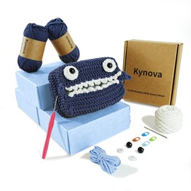 Kynova Beginner Crochet Kit – Shark Pouch Organizer with Step-by-Step Video Tutorial, Premium Yarn & Tools, Complete DIY Craft Set (Navy Blue)