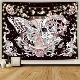 Ftuency Butterfly Skull Hippie Tapestry Skeleton Moon Phase Mushroom Wall Hanging decor for Bedroom (51.2" x 59.1", Pink Skull Butterfly)