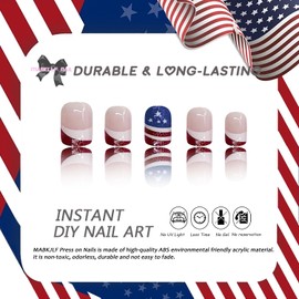 4th of July Press on Nails Short Square French Tip Fake Nails Glitter Full Cover Red Blue White False Nails with Star Designs Glossy Glue on Nails America Flag Acrylic Artificial Nails for Women Girls