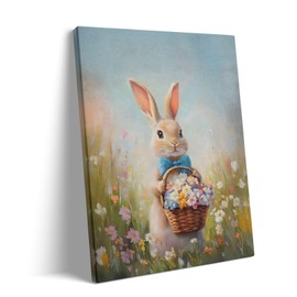 Easter Canvas Wall Art Decor Frame painting - 20X24 inch Cute Bunny with Basket of Flowers, Easter-Themed Artwork, Springtime Design for Home Living Room, Bedroom and Holiday Decoration