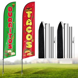 2PCS Tacos Feather Flag 15Ft, Large Taco Burritos Feather Flag Banner with Pole & Stake, Mexican Food Flags Banner Mexican Restaurant Advertising Sign for Tacos Business Taco Party Decorations
