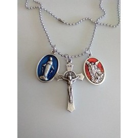 Catholic St Benedict Cross Enamel Miraculous Medal St Michael Necklace 20" Chain