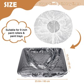 Disposable Paint Tray Liners 9 Inch Paint Pan Liners 30 Pcs, Paint Pads for Walls and Ceilings Paint Roller Tray Liner for House, Painting, Transparent Elastic Paint Roller Tray Liners