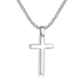 Fiusem Cross Necklace for Men, Silver Tone Mens Cross Necklaces with 2.5mm Cross Chain, 316L Stainless Steel Wheat Chain 16"