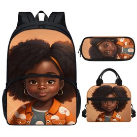 Xnshcedy African Girls Backpack for Big Kids Girls with Lunch Box,Black Afro Girls School Backpack fo Teen Girls 2Nd/3Rd/4Th/5Th Grade Middle Elementary School Bag Lunchbag Pencil Case