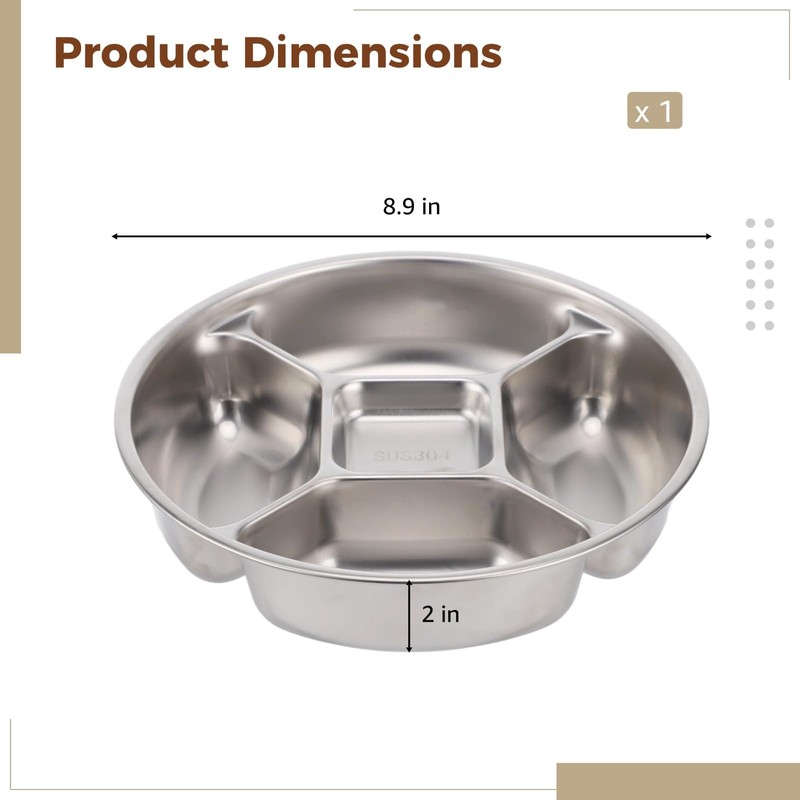 NIMBLOOM 304 Stainless Steel Divided Plate, 8.9 in Five-Compartment Serving