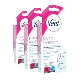 Veet PURE Cold Wax Strips - Suitable for Sensitive Skin - Application for Face - Up to 28 Days Smooth Skin - 3 x 20 Double Strips