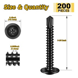 Mywish 200Pcs #8×1-1/4" Black Self Tapping Screws for Metal, 410 Black Metal Screws Oxide Stainless Steel Truss Head Self Drilling Screws High-Strength
