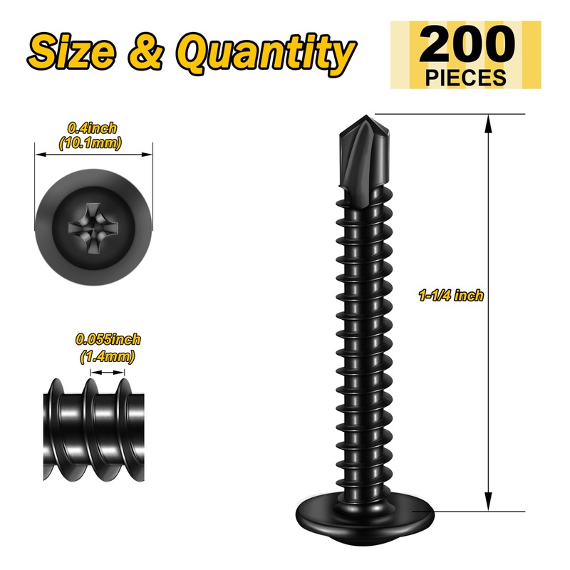 Mywish 200Pcs #8×1-1/4" Black Self Tapping Screws for Metal, 410