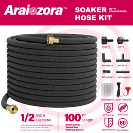 Soaker Hose 100 FT For Garden Beds,Heavy Duty Solid Brass Connector 1/2“ Ruber Drip Irrigation Kit with Hose Stakes&Connector Set for Flower Bed&Yard,Landscaping