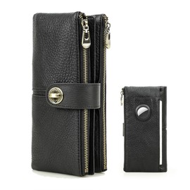 Contacts Turnlock Wallet for Women Leather Airtag Purse Zipper Phone Holder RFID Bifold Clutch, Black, Minimalist