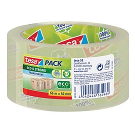 tesapack Eco & Strong - Umweltschonendes Paketband aus 100 % recyceltem Kunststoff, UV- und alterungsbeständig - Transparent - 66 m x 50 mm